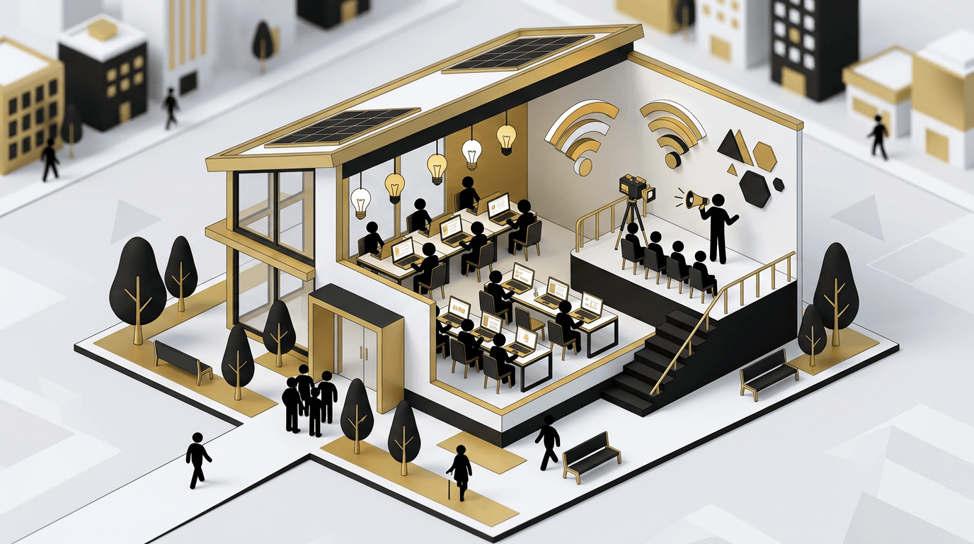 Stylized illustration of a community learning hub with laptops, cameras, and creative tools