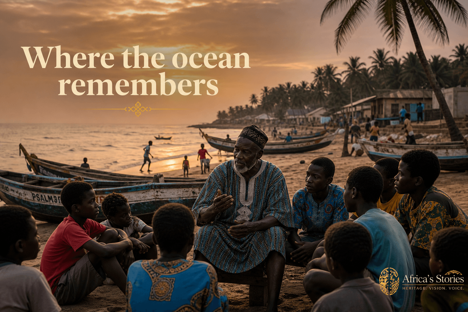 West African coastal community at sunset with fishing boats and youth story circle