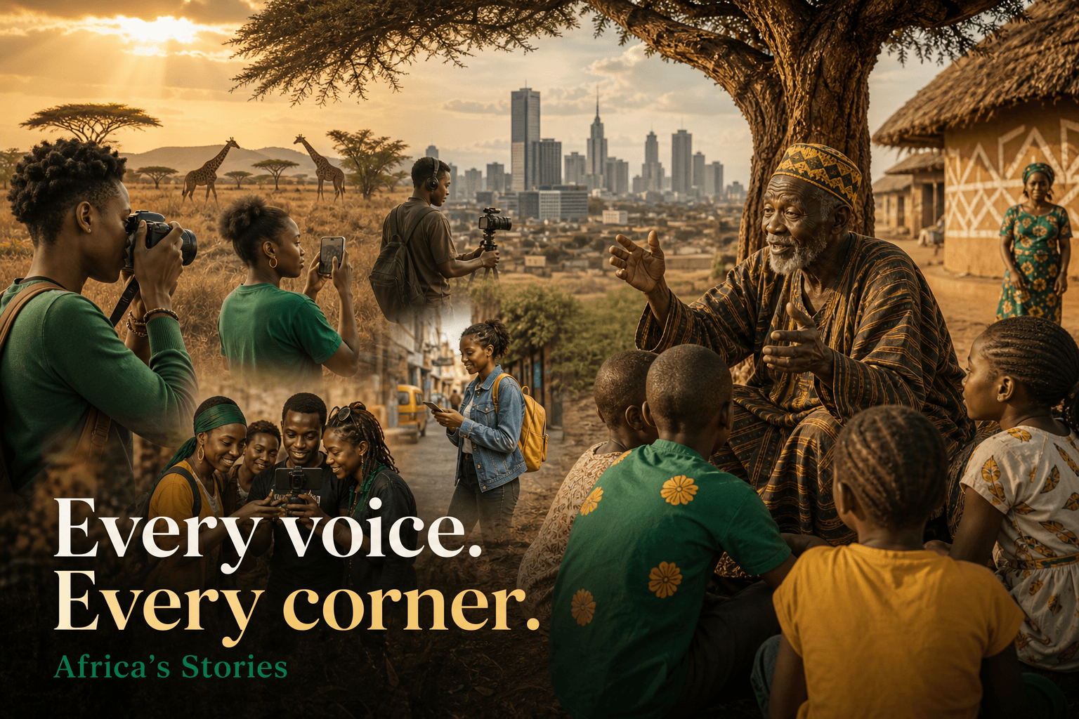 Diverse African youth and elders sharing stories across landscapes from village to city