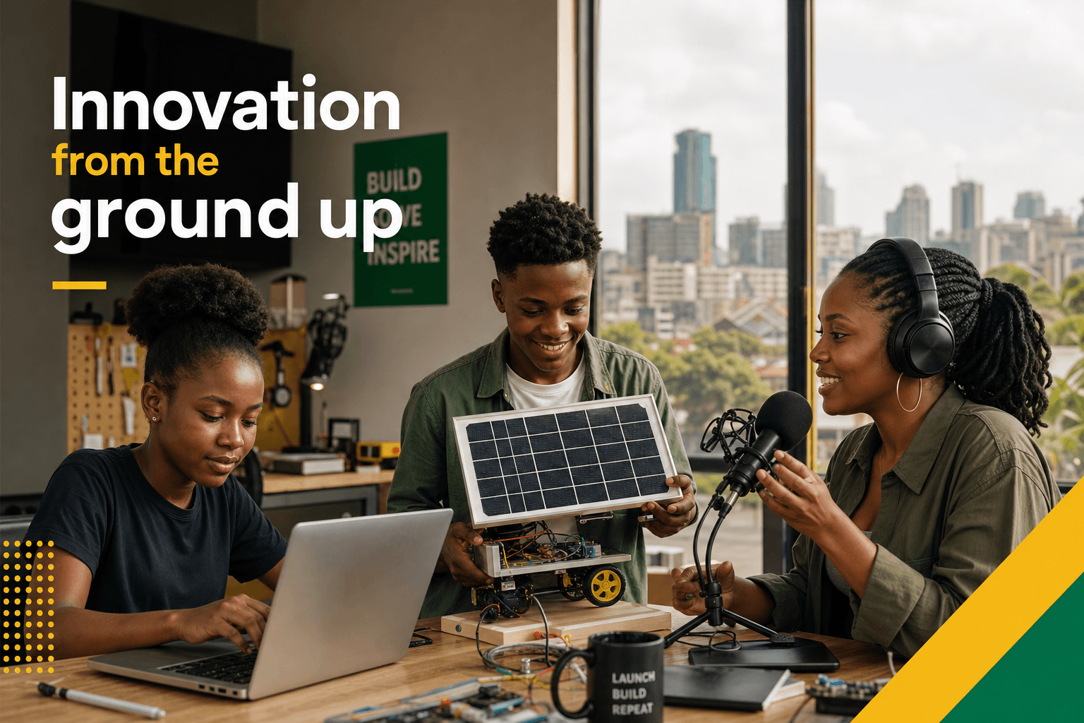Young African innovators with laptop, solar prototype, and podcast microphone