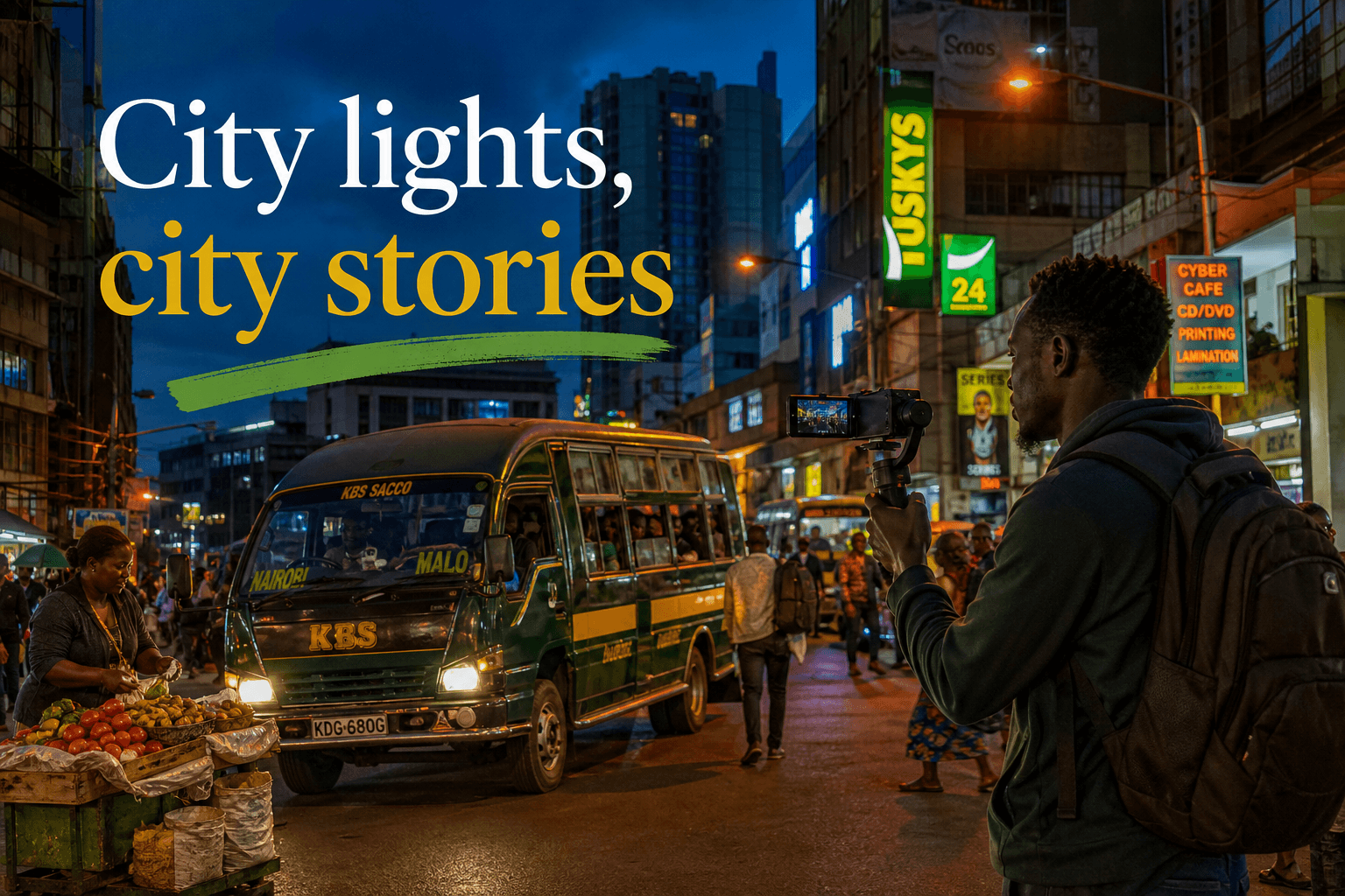 Young filmmaker capturing life in a vibrant African city street at dusk